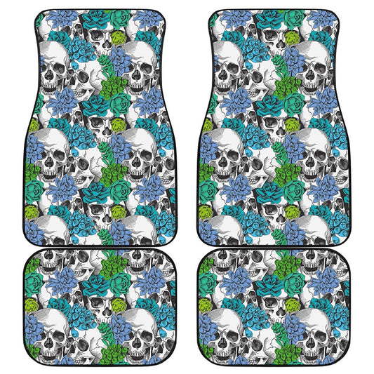 Green Blue Flowers Skull Pattern Print Front and Back Car Floor Mats
