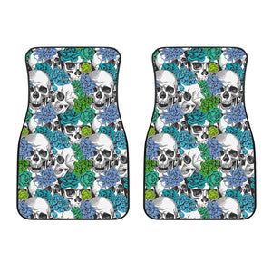 Green Blue Flowers Skull Pattern Print Front Car Floor Mats