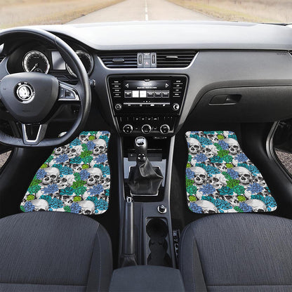 Green Blue Flowers Skull Pattern Print Front Car Floor Mats