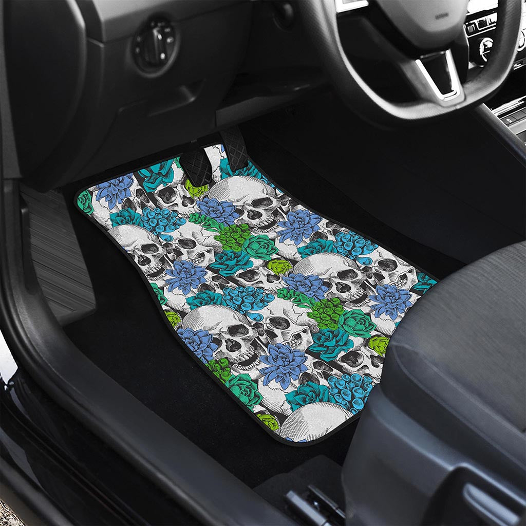 Green Blue Flowers Skull Pattern Print Front Car Floor Mats