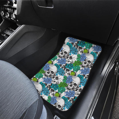 Green Blue Flowers Skull Pattern Print Front Car Floor Mats