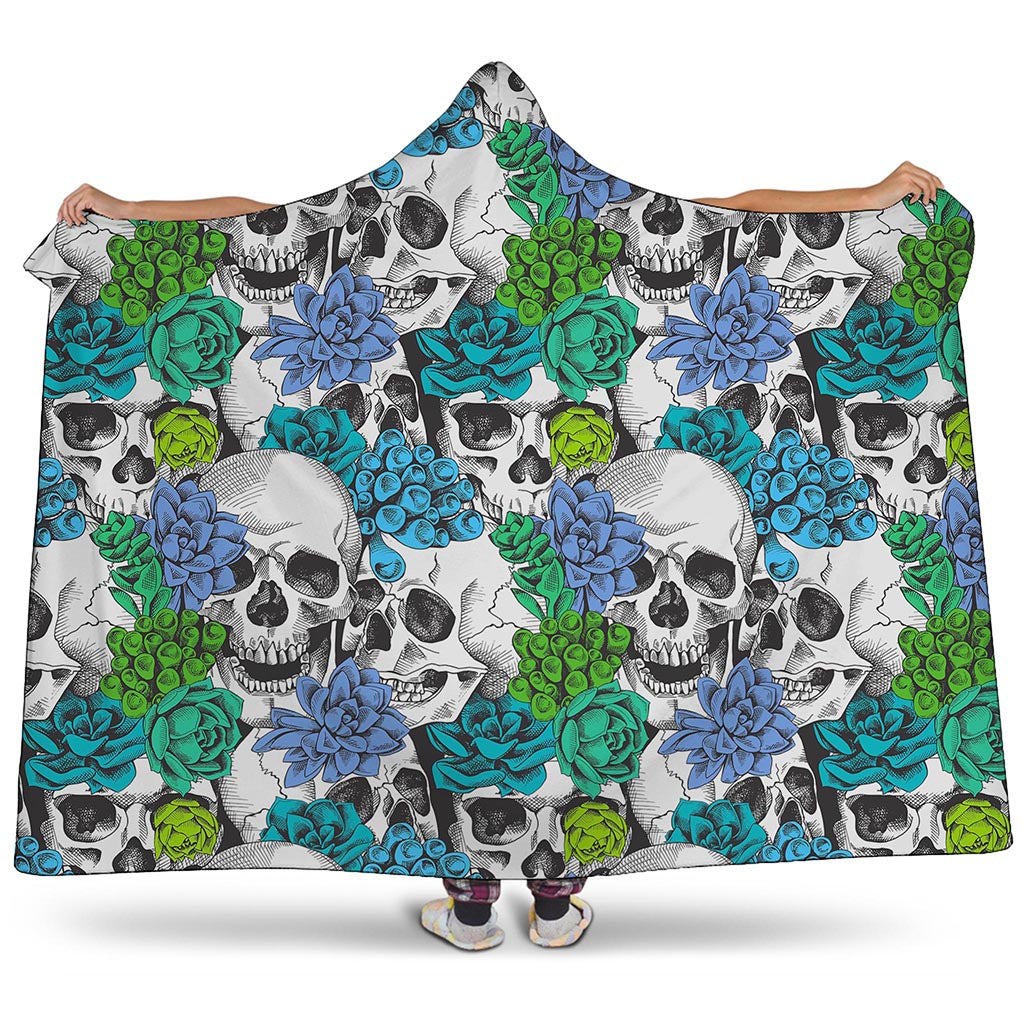 Green Blue Flowers Skull Pattern Print Hooded Blanket
