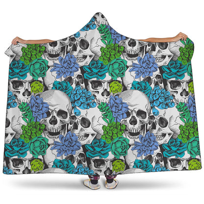 Green Blue Flowers Skull Pattern Print Hooded Blanket