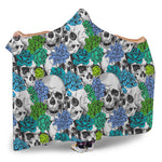 Green Blue Flowers Skull Pattern Print Hooded Blanket