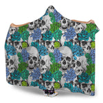 Green Blue Flowers Skull Pattern Print Hooded Blanket
