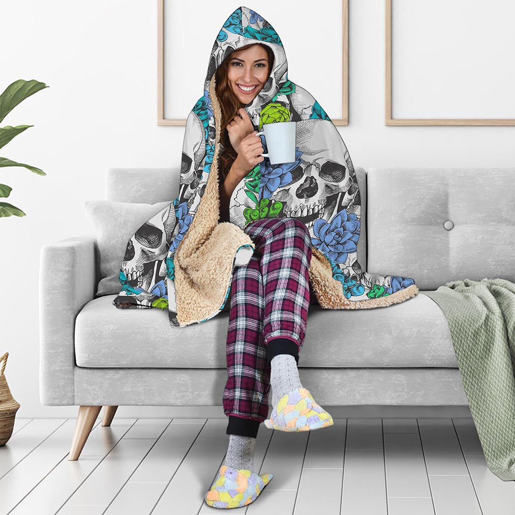 Green Blue Flowers Skull Pattern Print Hooded Blanket