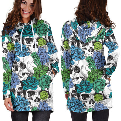 Green Blue Flowers Skull Pattern Print Hoodie Dress GearFrost