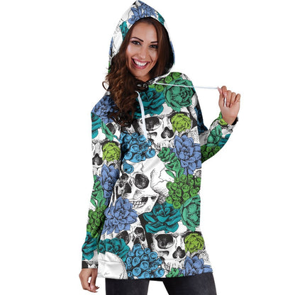 Green Blue Flowers Skull Pattern Print Hoodie Dress GearFrost