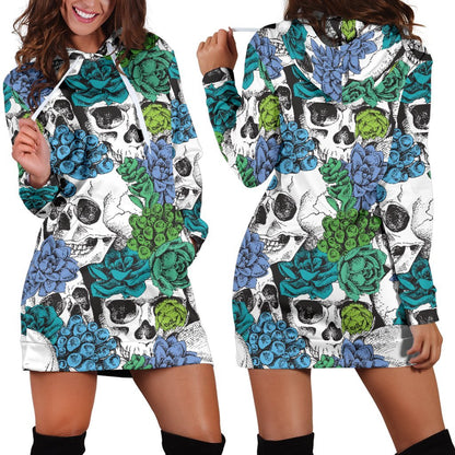 Green Blue Flowers Skull Pattern Print Hoodie Dress GearFrost
