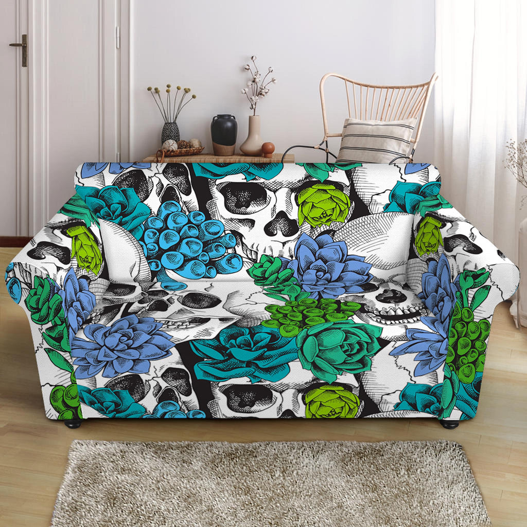 Green Blue Flowers Skull Pattern Print Loveseat Slipcover