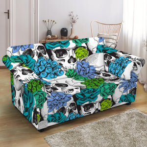 Green Blue Flowers Skull Pattern Print Loveseat Slipcover