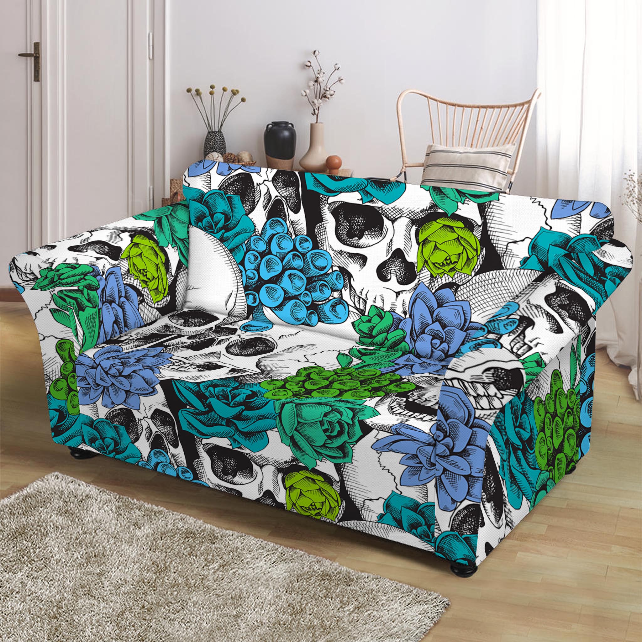 Green Blue Flowers Skull Pattern Print Loveseat Slipcover