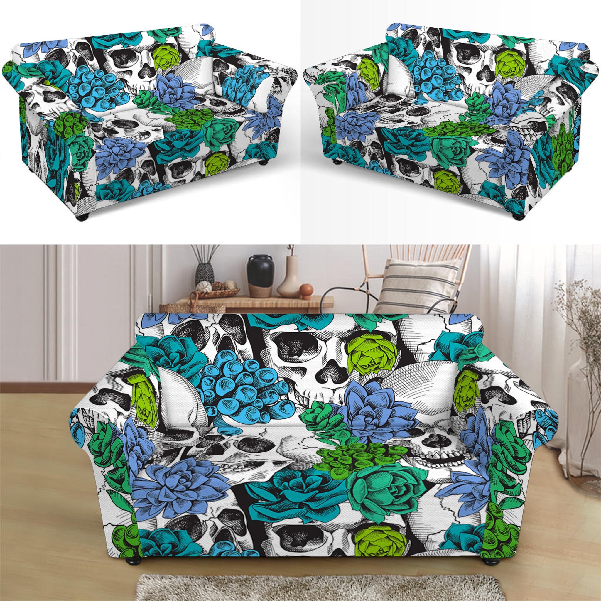 Green Blue Flowers Skull Pattern Print Loveseat Slipcover