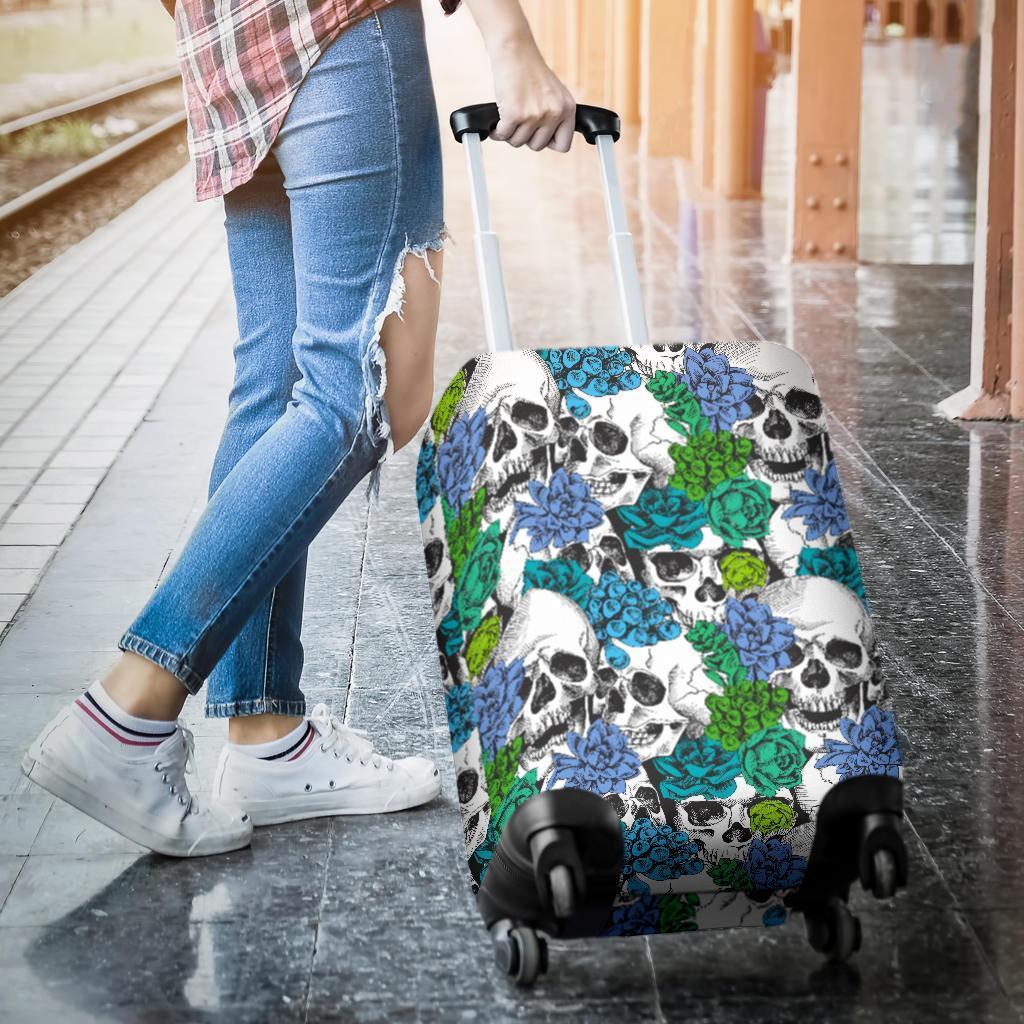 Green Blue Flowers Skull Pattern Print Luggage Cover GearFrost