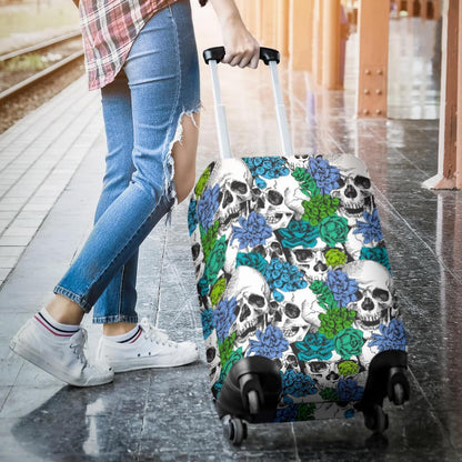 Green Blue Flowers Skull Pattern Print Luggage Cover GearFrost