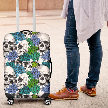 Green Blue Flowers Skull Pattern Print Luggage Cover GearFrost