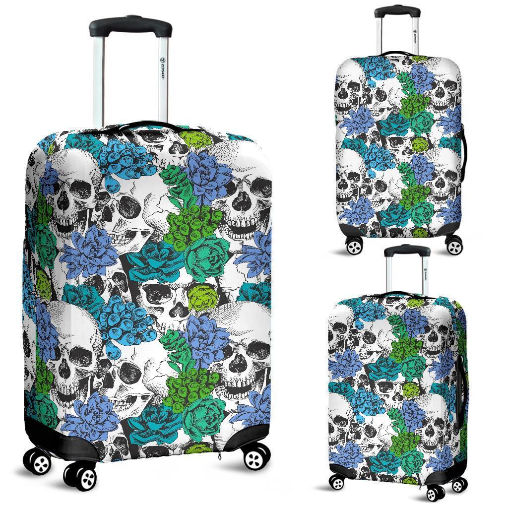 Green Blue Flowers Skull Pattern Print Luggage Cover GearFrost
