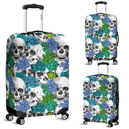 Green Blue Flowers Skull Pattern Print Luggage Cover GearFrost