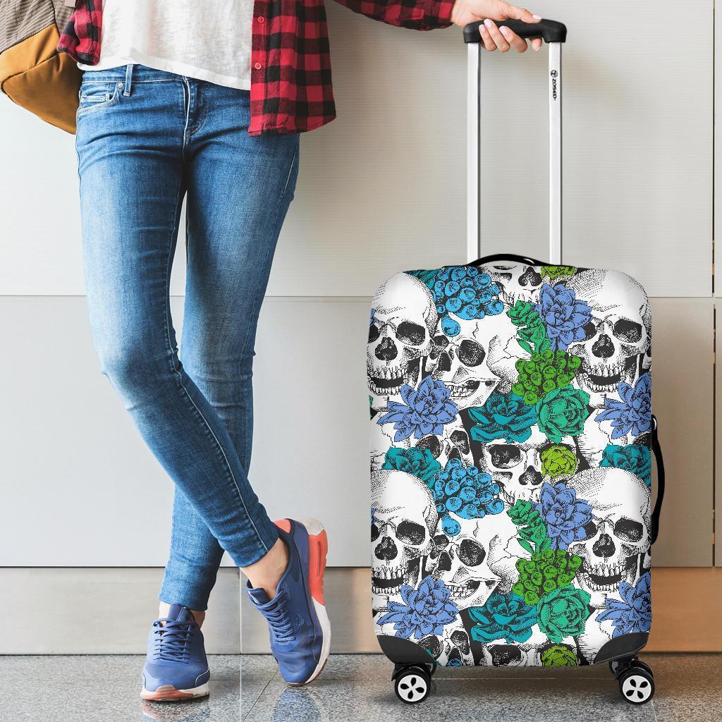 Green Blue Flowers Skull Pattern Print Luggage Cover GearFrost