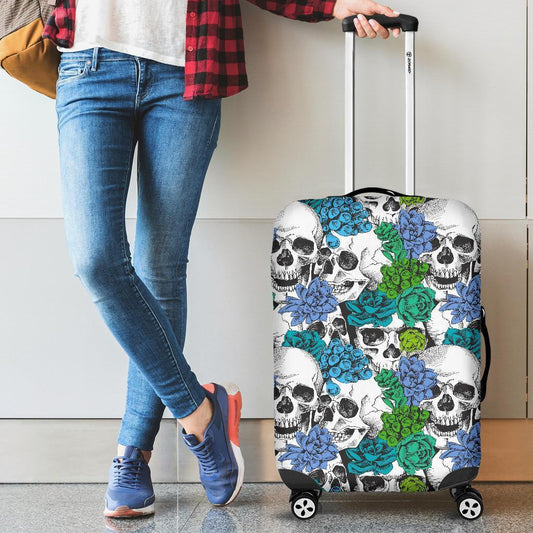 Green Blue Flowers Skull Pattern Print Luggage Cover GearFrost