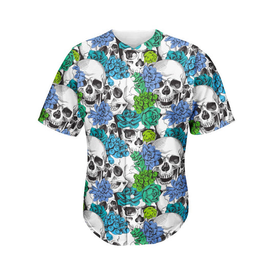 Green Blue Flowers Skull Pattern Print Men's Baseball Jersey