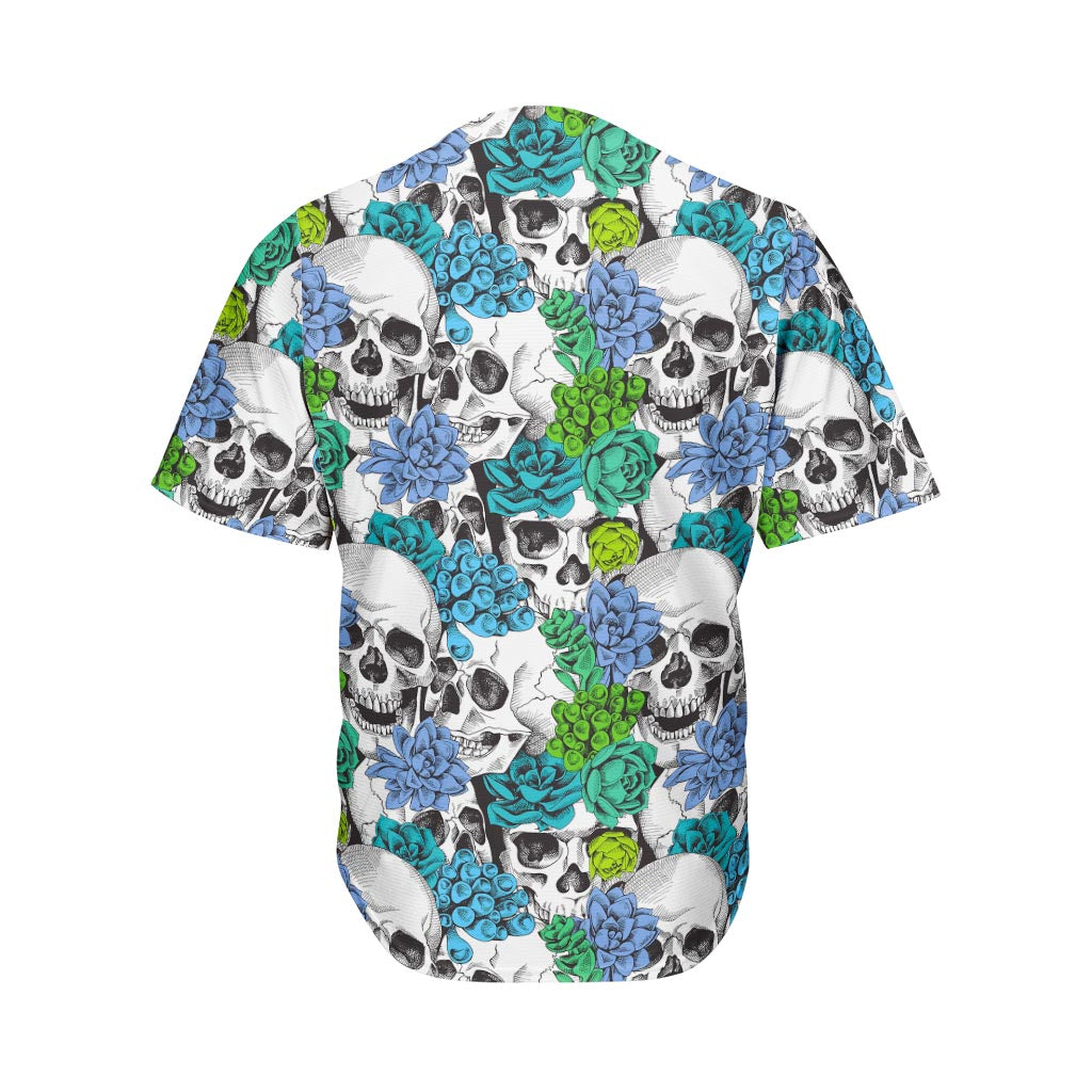 Green Blue Flowers Skull Pattern Print Men's Baseball Jersey