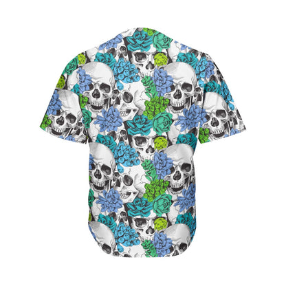 Green Blue Flowers Skull Pattern Print Men's Baseball Jersey