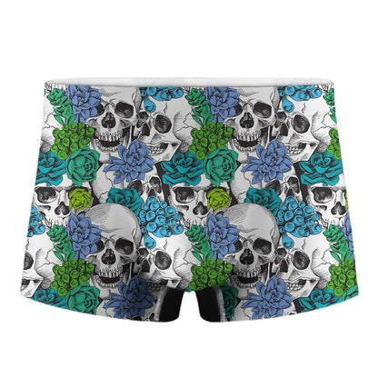Green Blue Flowers Skull Pattern Print Men's Boxer Briefs