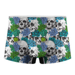 Green Blue Flowers Skull Pattern Print Men's Boxer Briefs