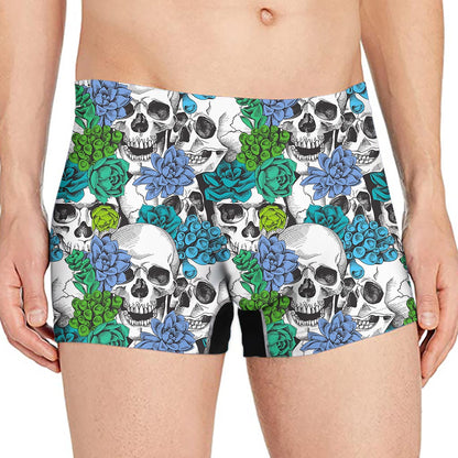 Green Blue Flowers Skull Pattern Print Men's Boxer Briefs