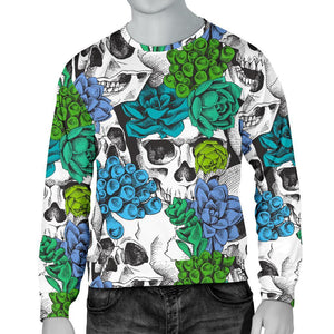 Green Blue Flowers Skull Pattern Print Men's Crewneck Sweatshirt GearFrost