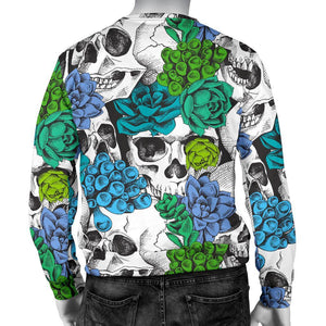 Green Blue Flowers Skull Pattern Print Men's Crewneck Sweatshirt GearFrost