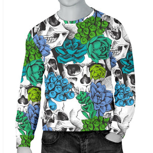 Green Blue Flowers Skull Pattern Print Men's Crewneck Sweatshirt GearFrost