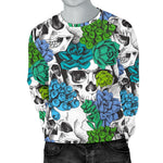 Green Blue Flowers Skull Pattern Print Men's Crewneck Sweatshirt GearFrost