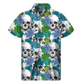 Green Blue Flowers Skull Pattern Print Men's Short Sleeve Shirt