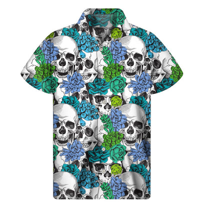 Green Blue Flowers Skull Pattern Print Men's Short Sleeve Shirt