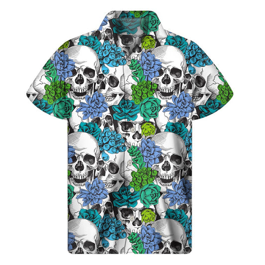 Green Blue Flowers Skull Pattern Print Men's Short Sleeve Shirt