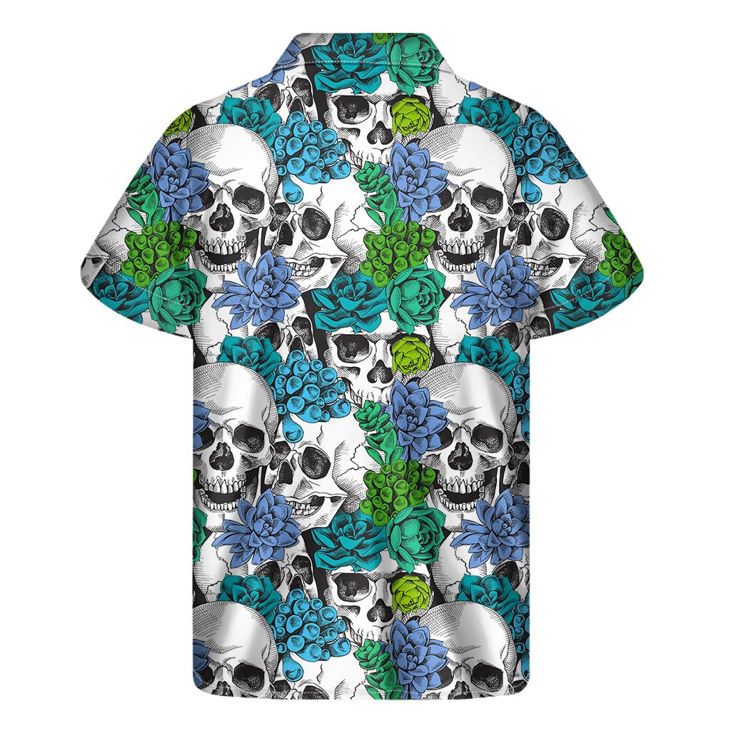 Green Blue Flowers Skull Pattern Print Men's Short Sleeve Shirt