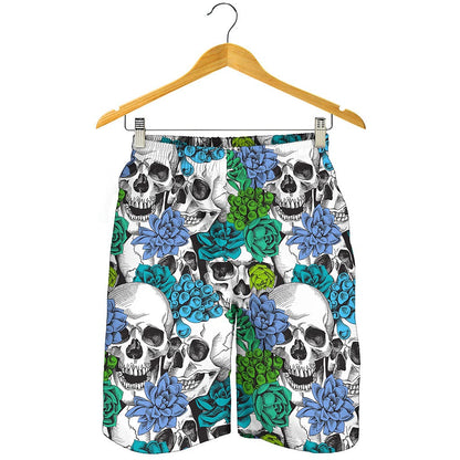 Green Blue Flowers Skull Pattern Print Men's Shorts