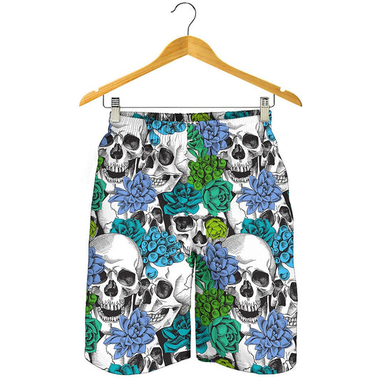 Green Blue Flowers Skull Pattern Print Men's Shorts