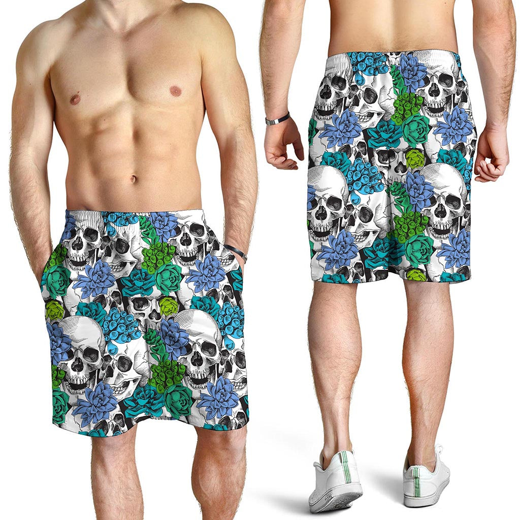 Green Blue Flowers Skull Pattern Print Men's Shorts