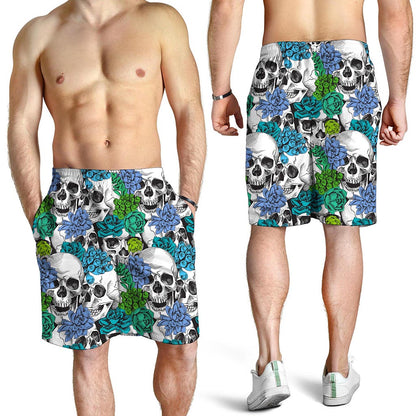 Green Blue Flowers Skull Pattern Print Men's Shorts
