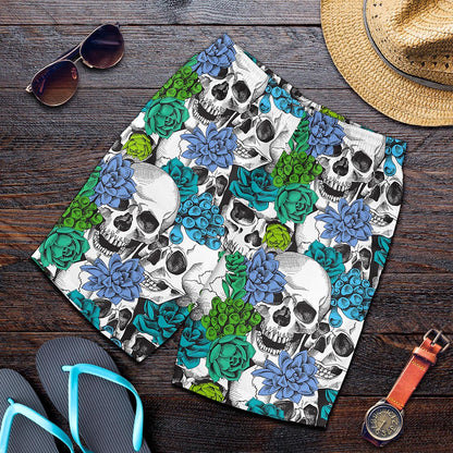 Green Blue Flowers Skull Pattern Print Men's Shorts