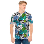 Green Blue Flowers Skull Pattern Print Men's T-Shirt