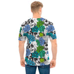 Green Blue Flowers Skull Pattern Print Men's T-Shirt