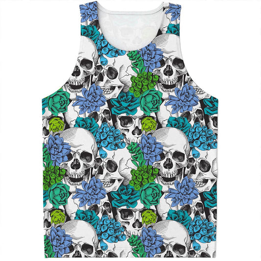 Green Blue Flowers Skull Pattern Print Men's Tank Top