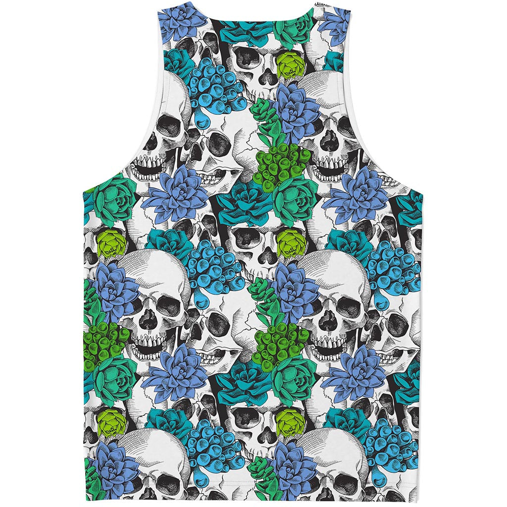 Green Blue Flowers Skull Pattern Print Men's Tank Top