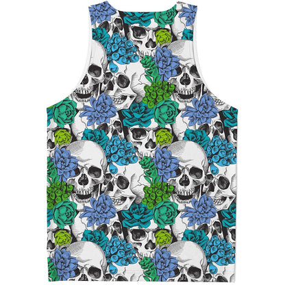 Green Blue Flowers Skull Pattern Print Men's Tank Top