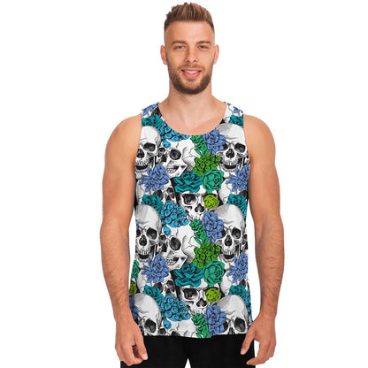 Green Blue Flowers Skull Pattern Print Men's Tank Top