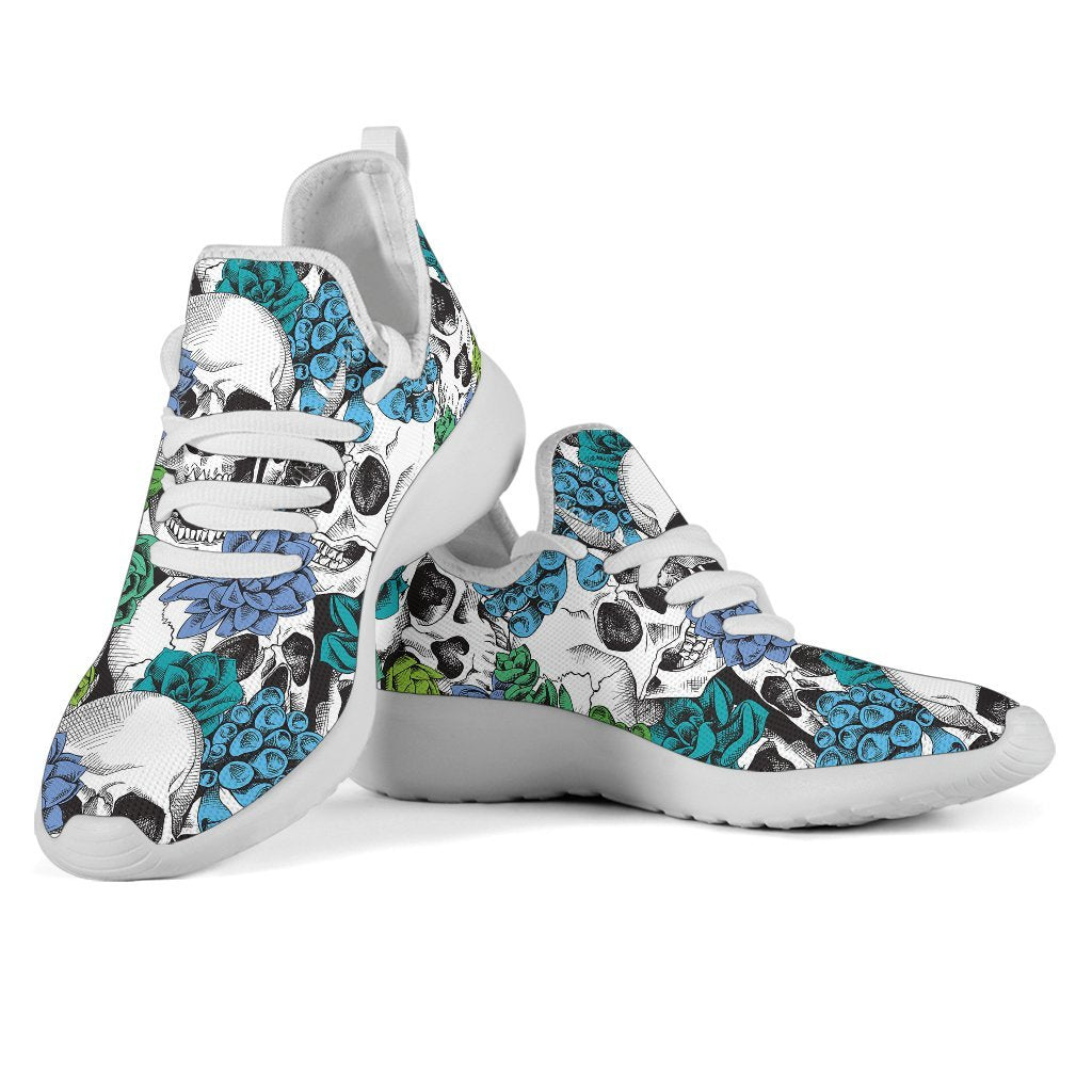 Green Blue Flowers Skull Pattern Print Mesh Knit Shoes GearFrost
